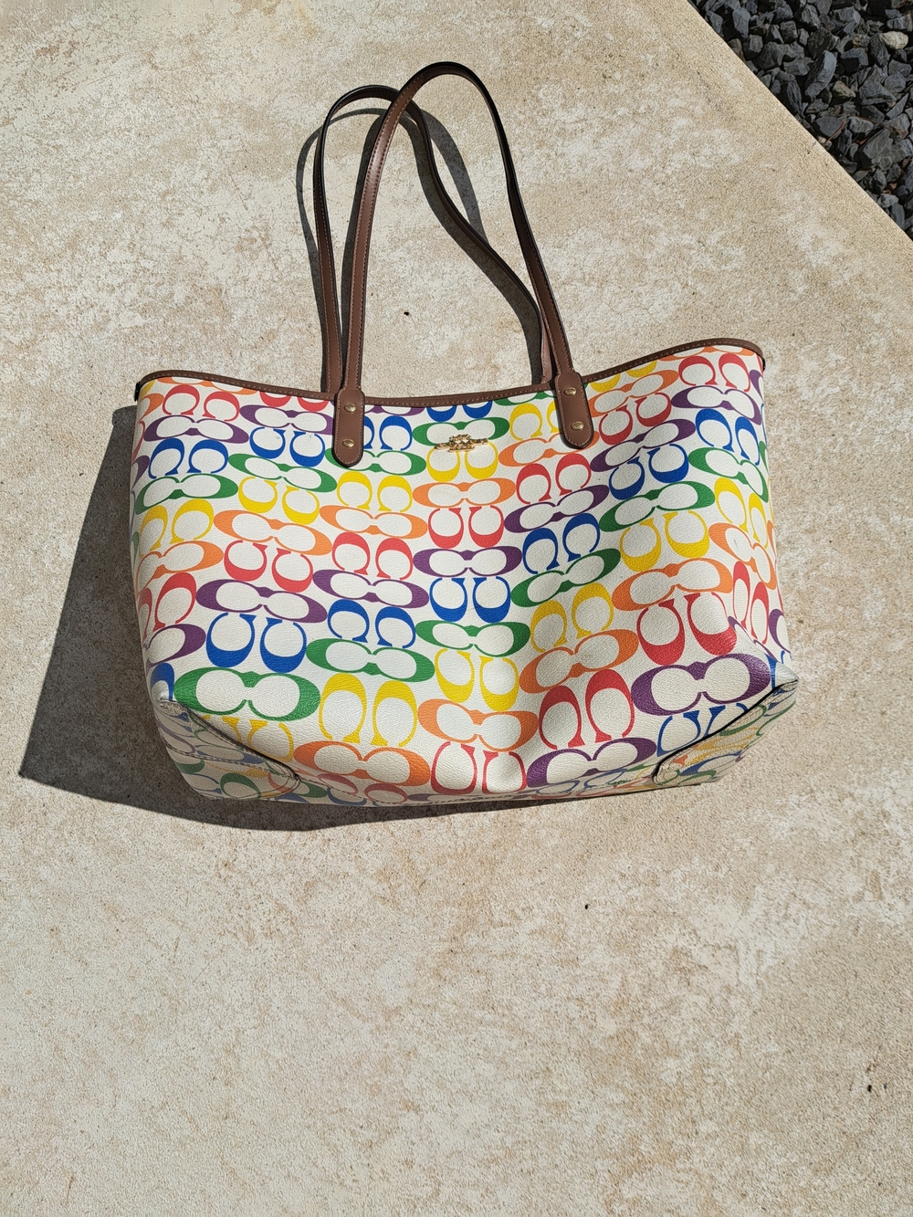 Coach Rainbow Signature Tote Bag with Brown Leather Straps